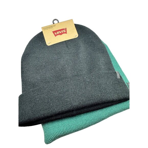 Levis 2-Pack Beanie Set One Size Black & Green Knit Hats Unisex - Picture 3 of 6